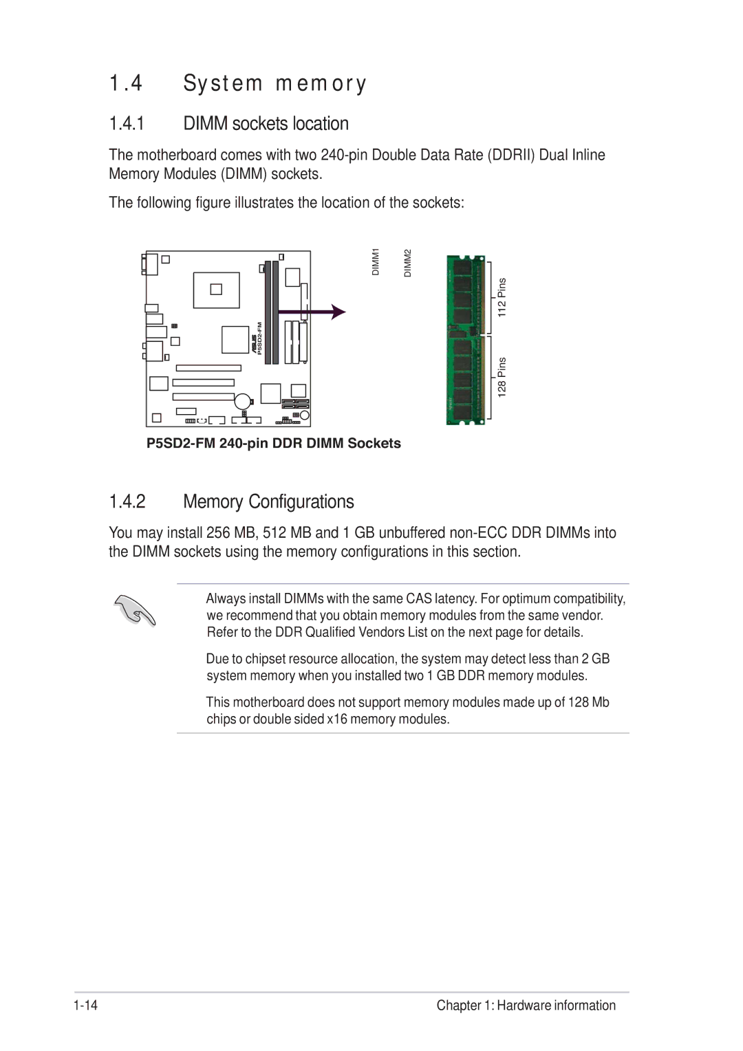 Asus P5SD2-FM manual System memory, Dimm sockets location, Memory Configurations 