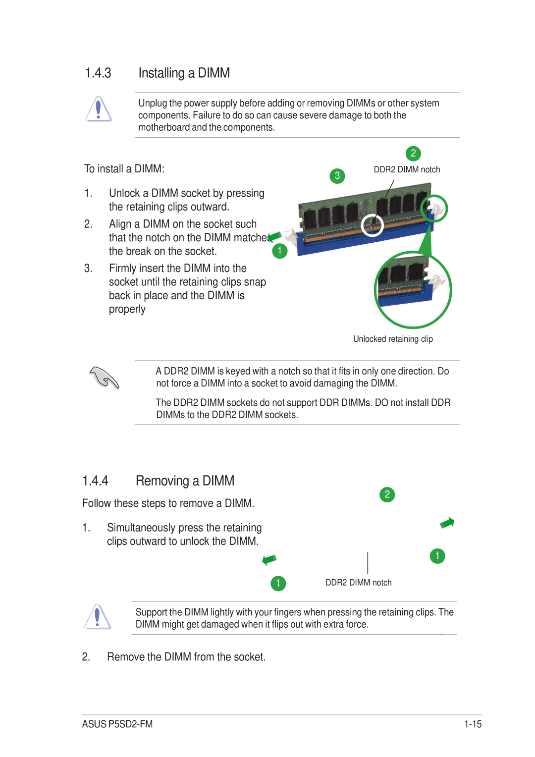 Asus P5SD2-FM manual Installing a Dimm, Removing a Dimm, To install a Dimm, Break on the socket 