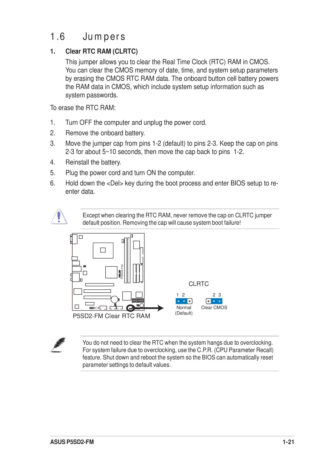 Asus P5SD2-FM manual Jumpers, Clear RTC RAM Clrtc 