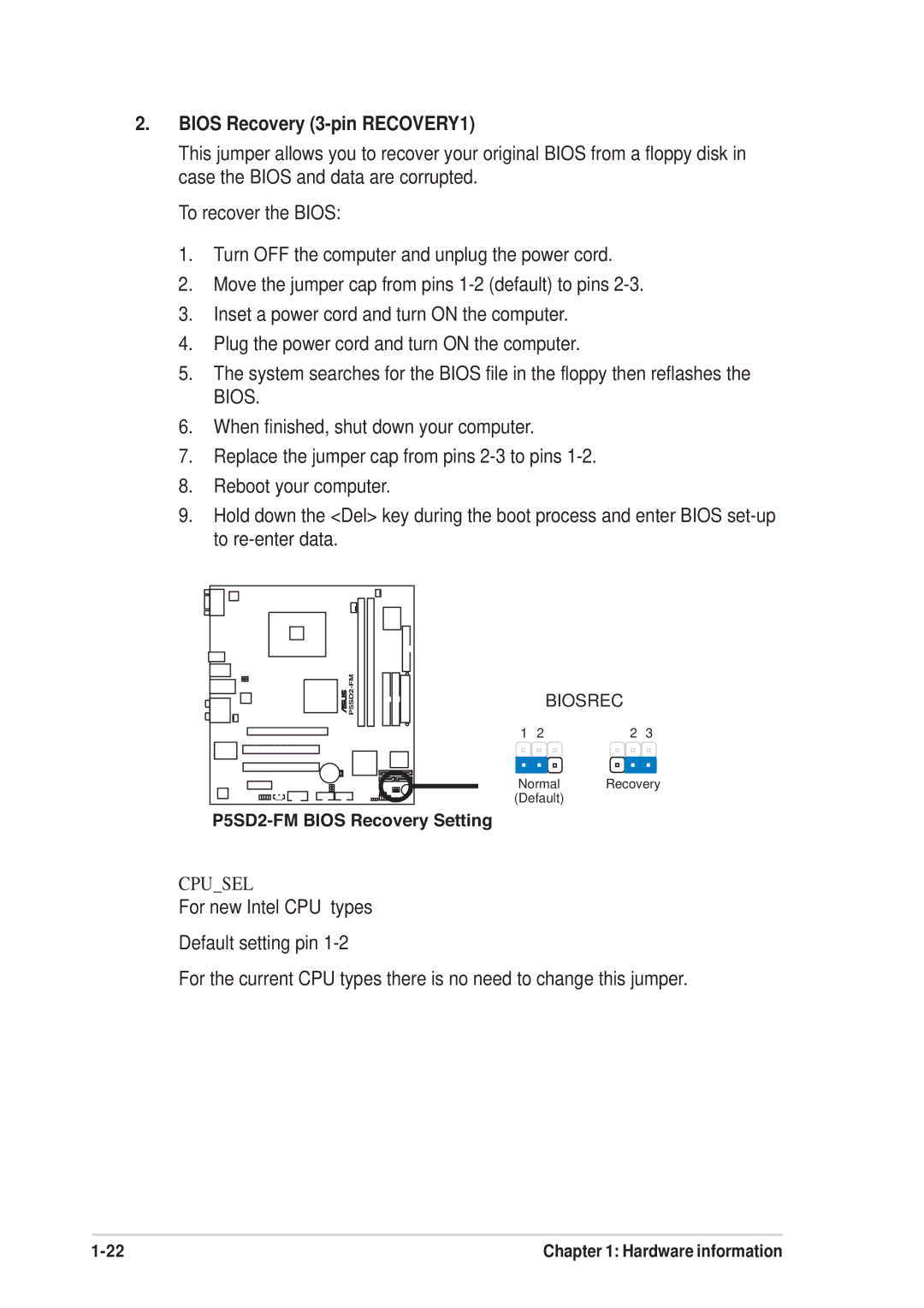 Asus P5SD2-FM manual Bios Recovery 3-pin RECOVERY1 