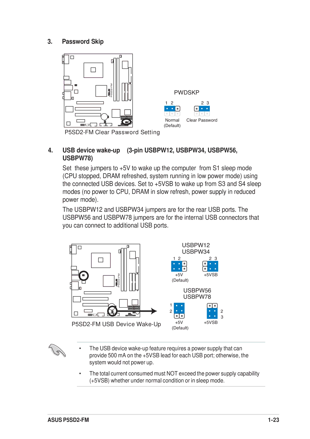 Asus P5SD2-FM manual Password Skip, USB device wake-up 3-pin USBPW12, USBPW34, USBPW56, USBPW78 