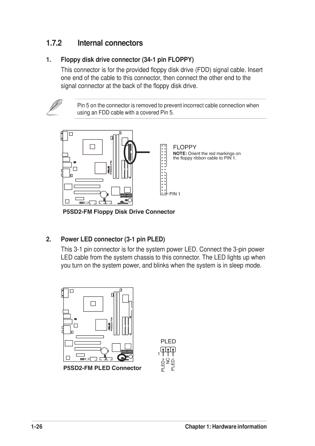 Asus P5SD2-FM manual Internal connectors, Floppy disk drive connector 34-1 pin Floppy, Power LED connector 3-1 pin Pled 