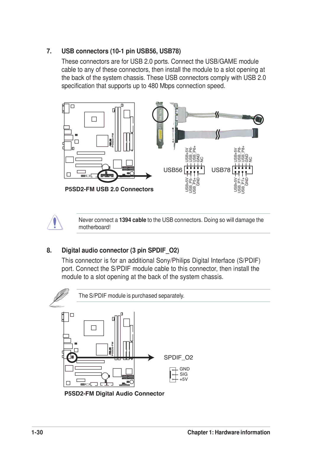 Asus P5SD2-FM manual USB connectors 10-1 pin USB56, USB78, Digital audio connector 3 pin SPDIFO2 