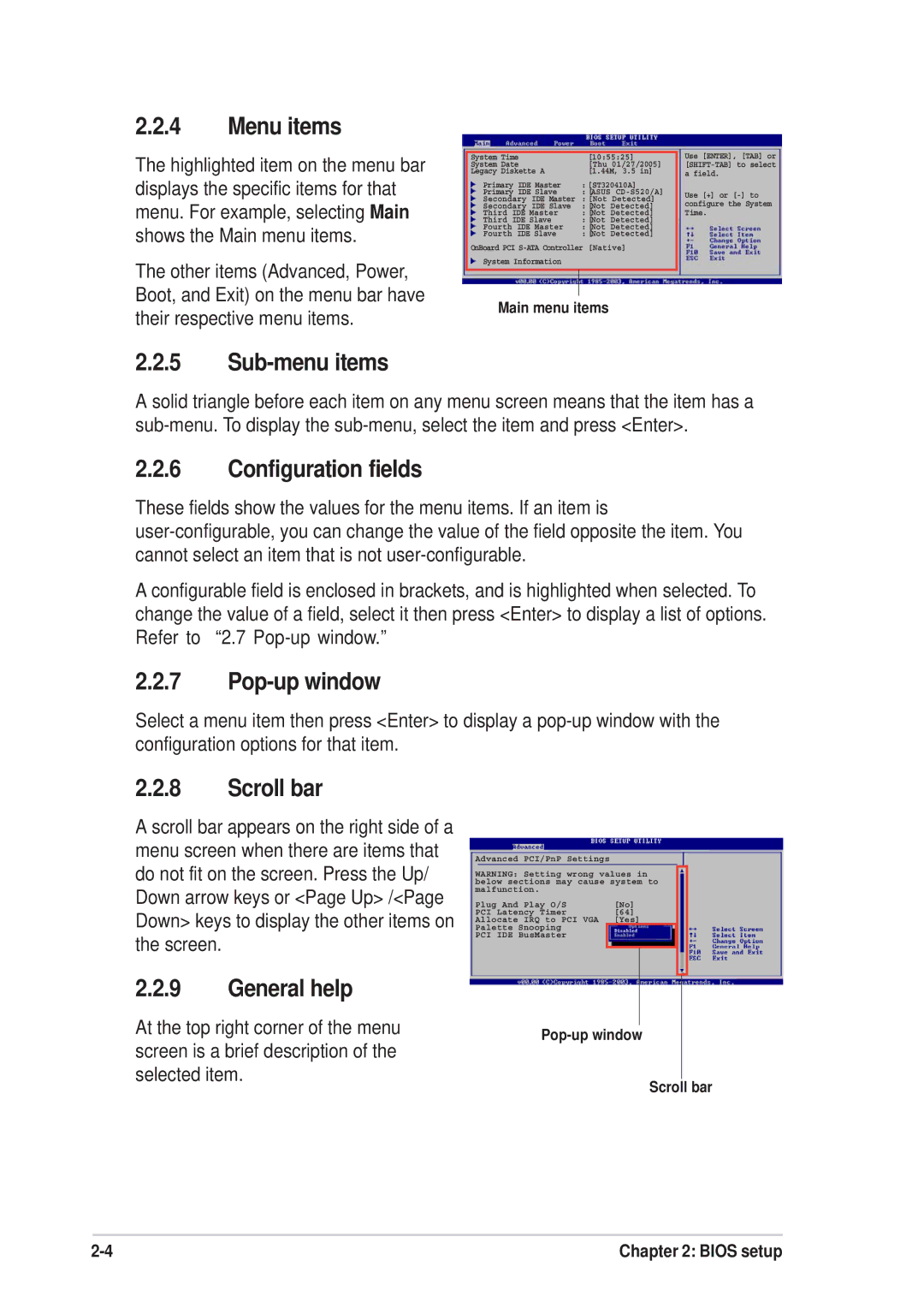 Asus P5SD2-FM manual Menu items, Sub-menu items, Configuration fields, Pop-up window, Scroll bar, General help 