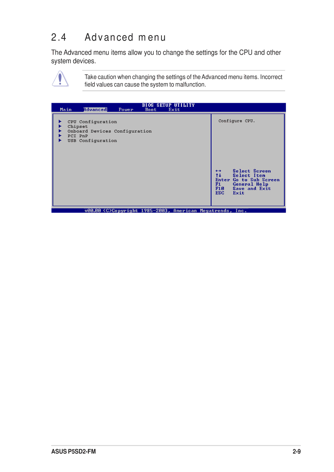 Asus P5SD2-FM manual Advanced menu 