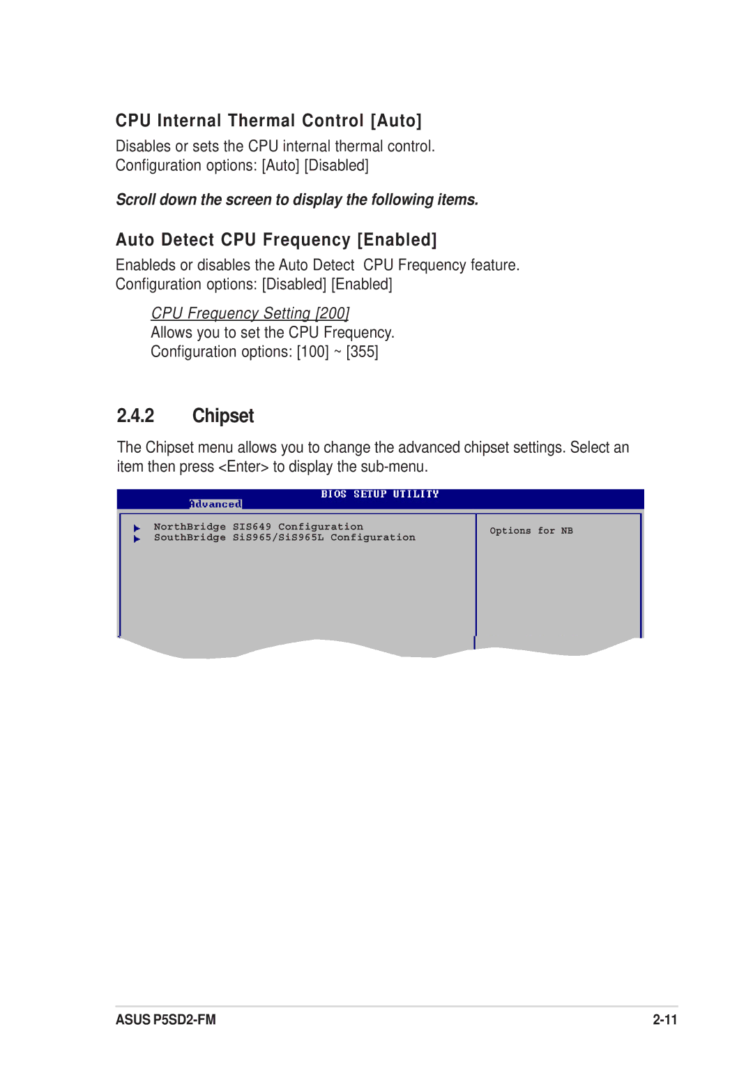 Asus P5SD2-FM manual Chipset, CPU Internal Thermal Control Auto, Auto Detect CPU Frequency Enabled 