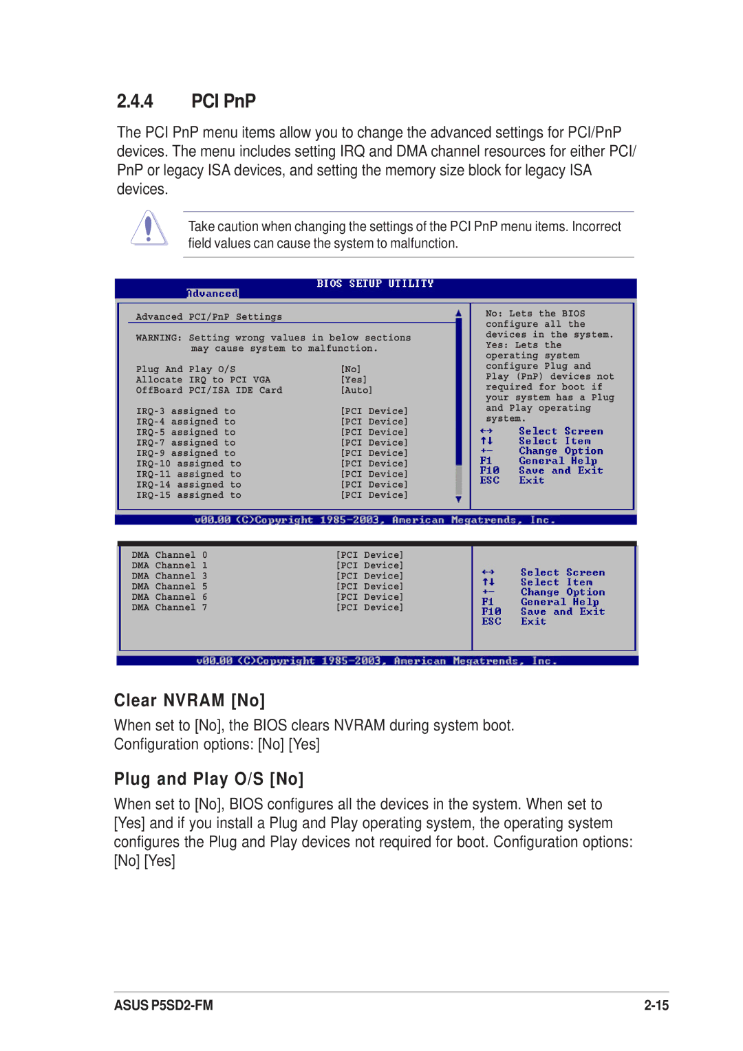 Asus P5SD2-FM manual PCI PnP, Clear Nvram No, Plug and Play O/S No 