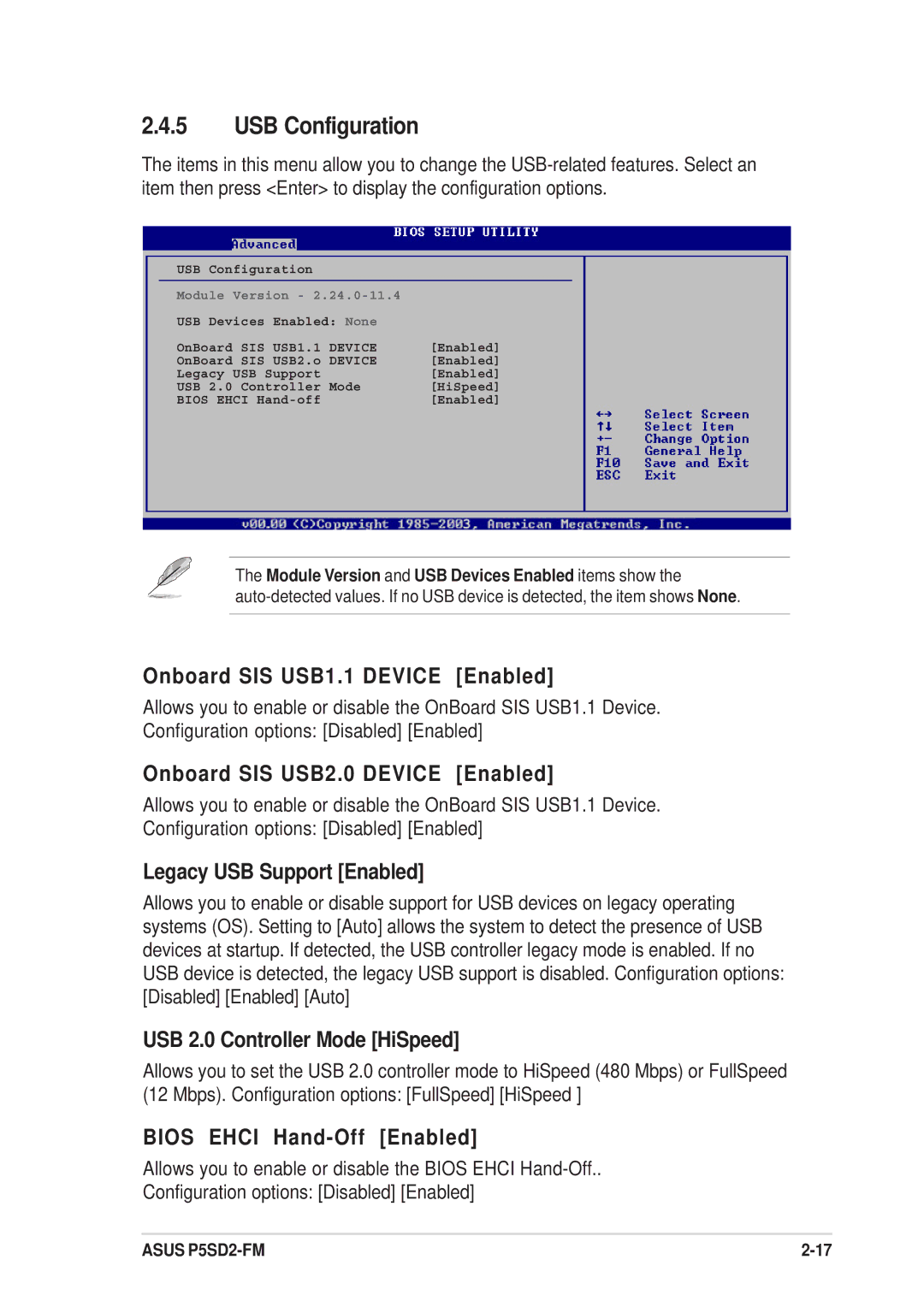 Asus P5SD2-FM manual USB Configuration 