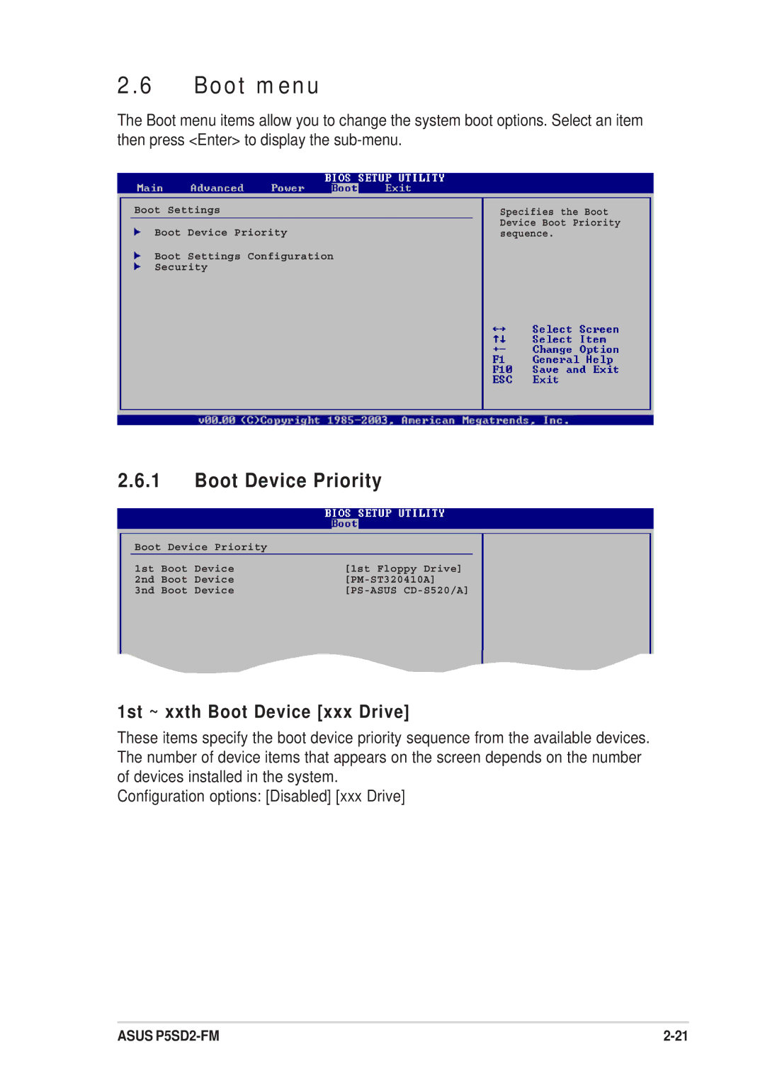 Asus P5SD2-FM manual Boot menu, Boot Device Priority, 1st ~ xxth Boot Device xxx Drive 