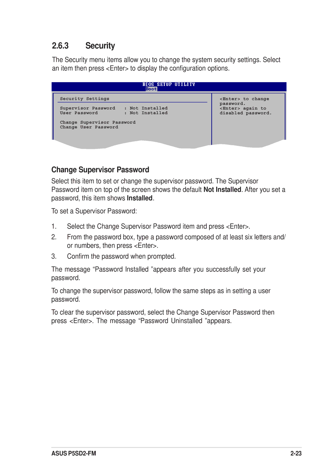 Asus P5SD2-FM manual Security, Change Supervisor Password 