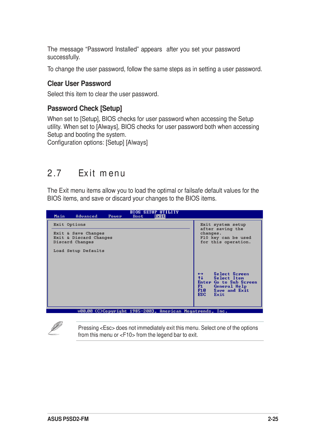 Asus P5SD2-FM manual Exit menu, Clear User Password, Password Check Setup 