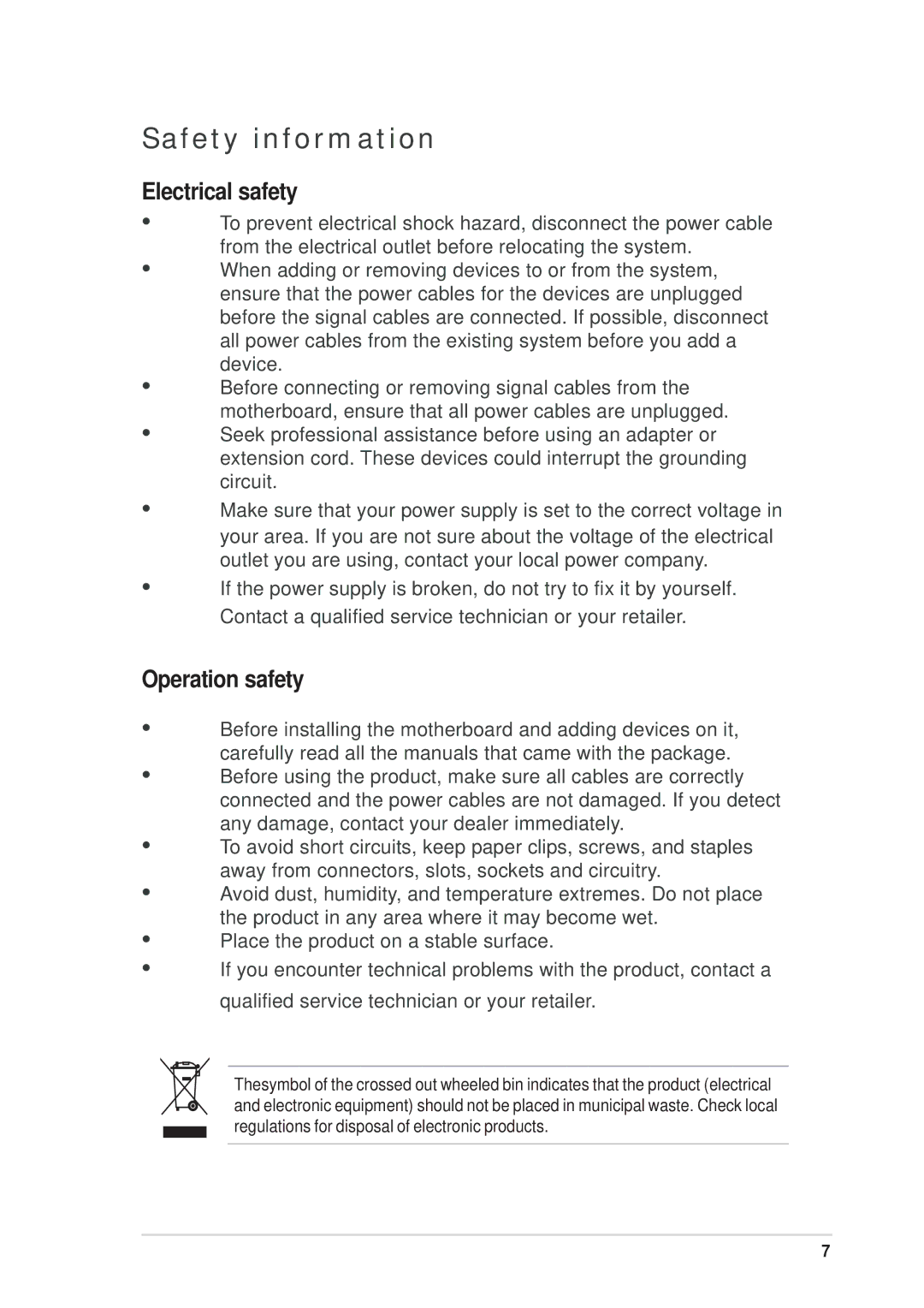 Asus P5SD2-FM manual Electrical safety, Operation safety 