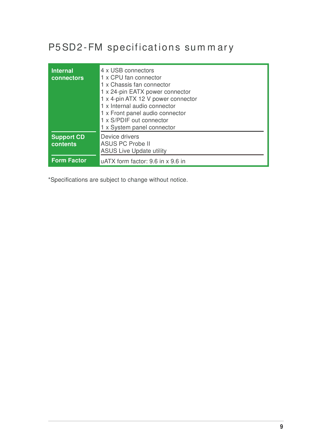 Asus P5SD2-FM manual Internal connectors Support CD contents Form Factor 