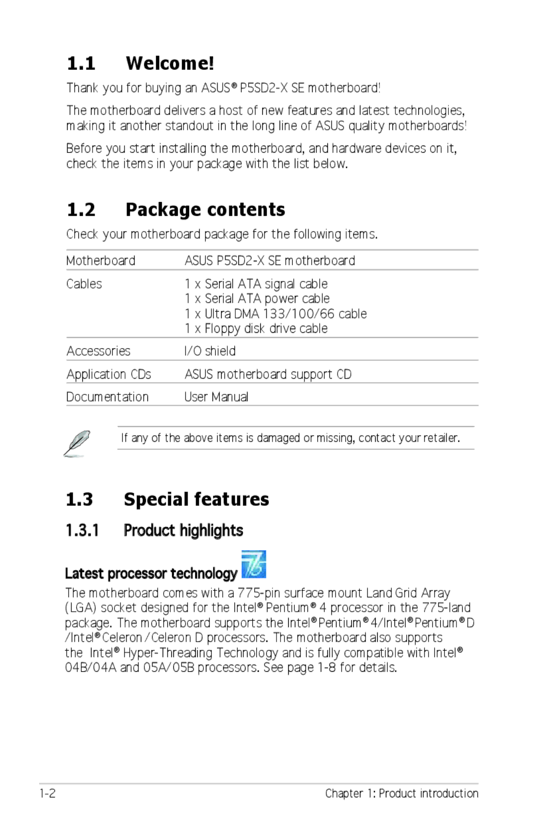 Asus P5SD2-X SE manual Welcome, Package contents, Special features 