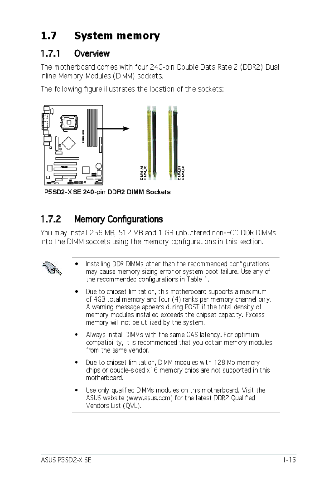 Asus P5SD2-X SE manual System memory, Overview, Memory Conﬁgurations 