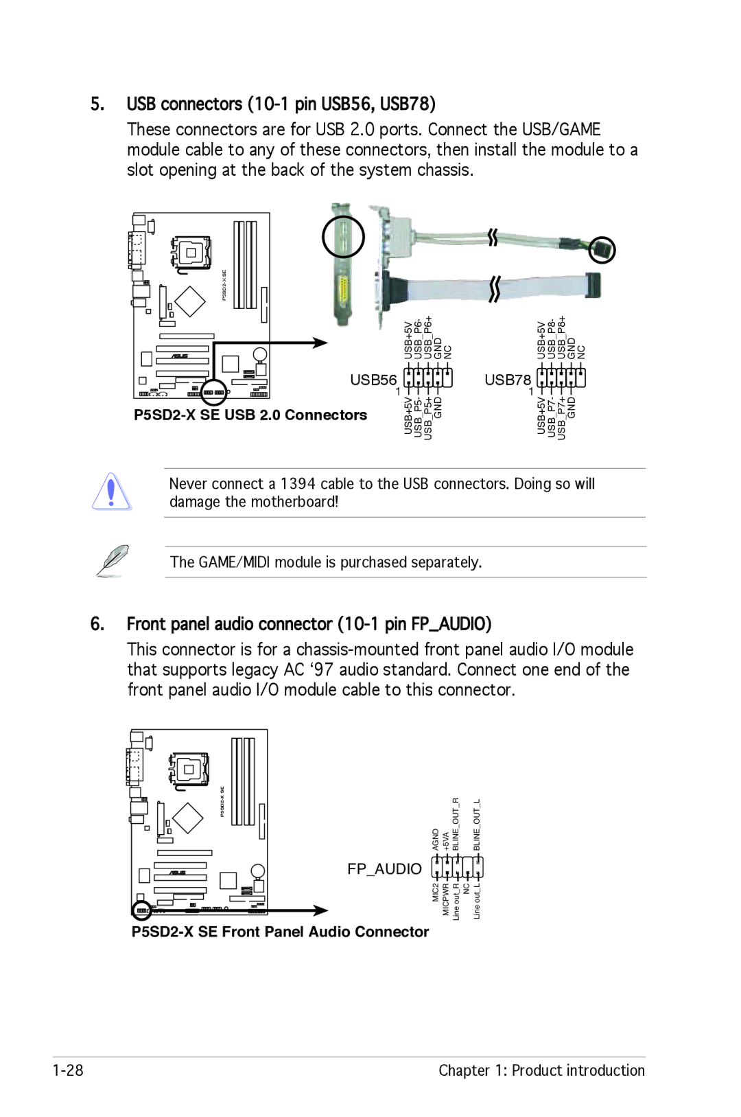 Asus manual Front panel audio connector 10-1 pin FP Audio, P5SD2-X SE USB 2.0 Connectors 