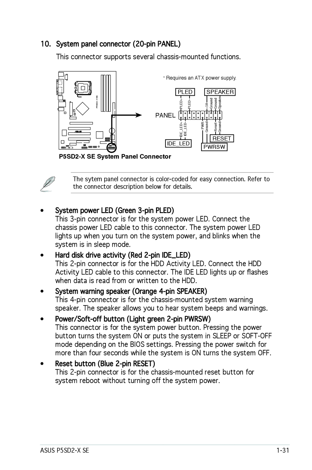 Asus manual Power/Soft-off button Light green 2-pin Pwrsw, P5SD2-X SE System Panel Connector 