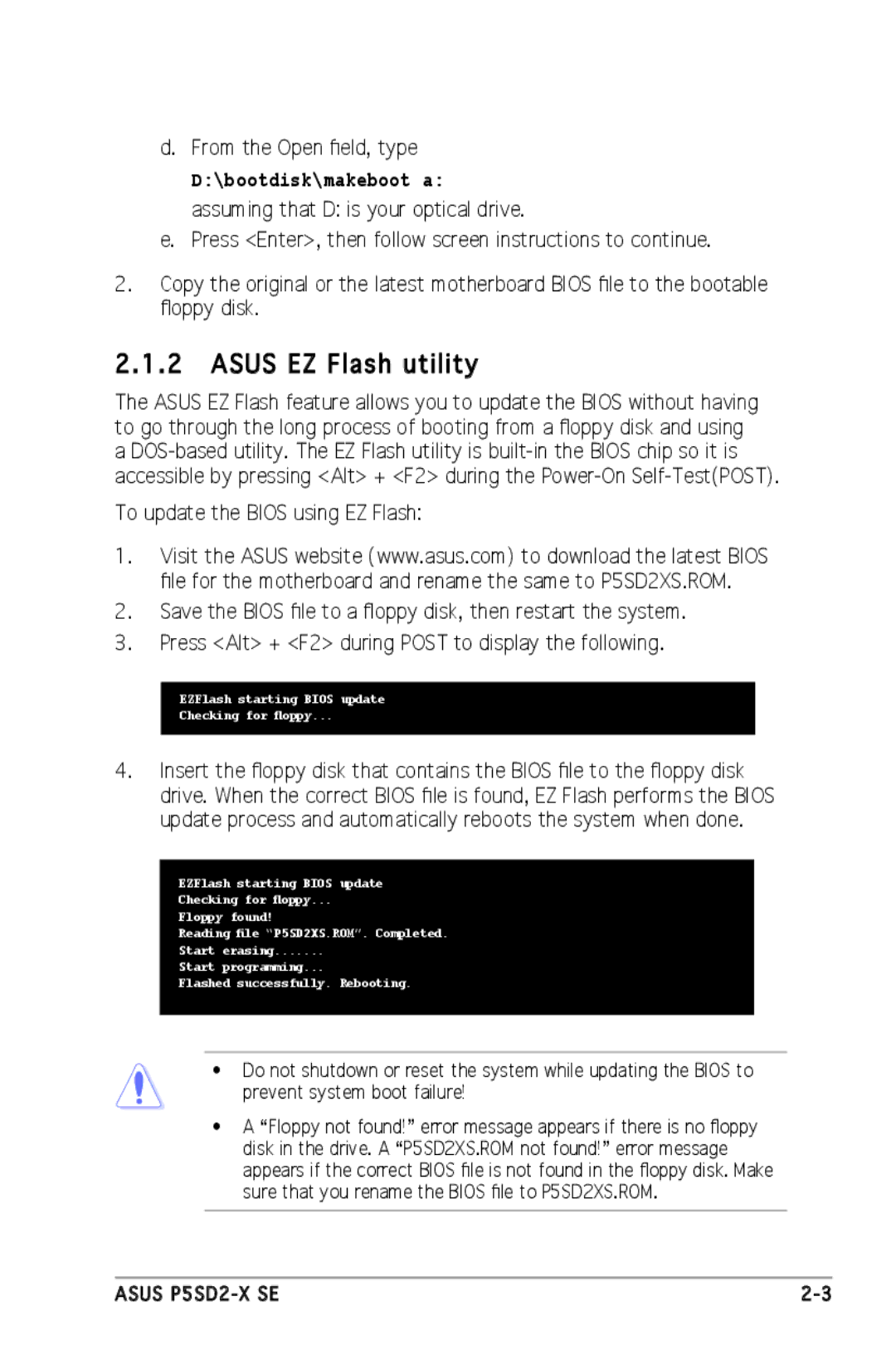 Asus P5SD2-X SE manual Asus EZ Flash utility, From the Open ﬁeld, type 