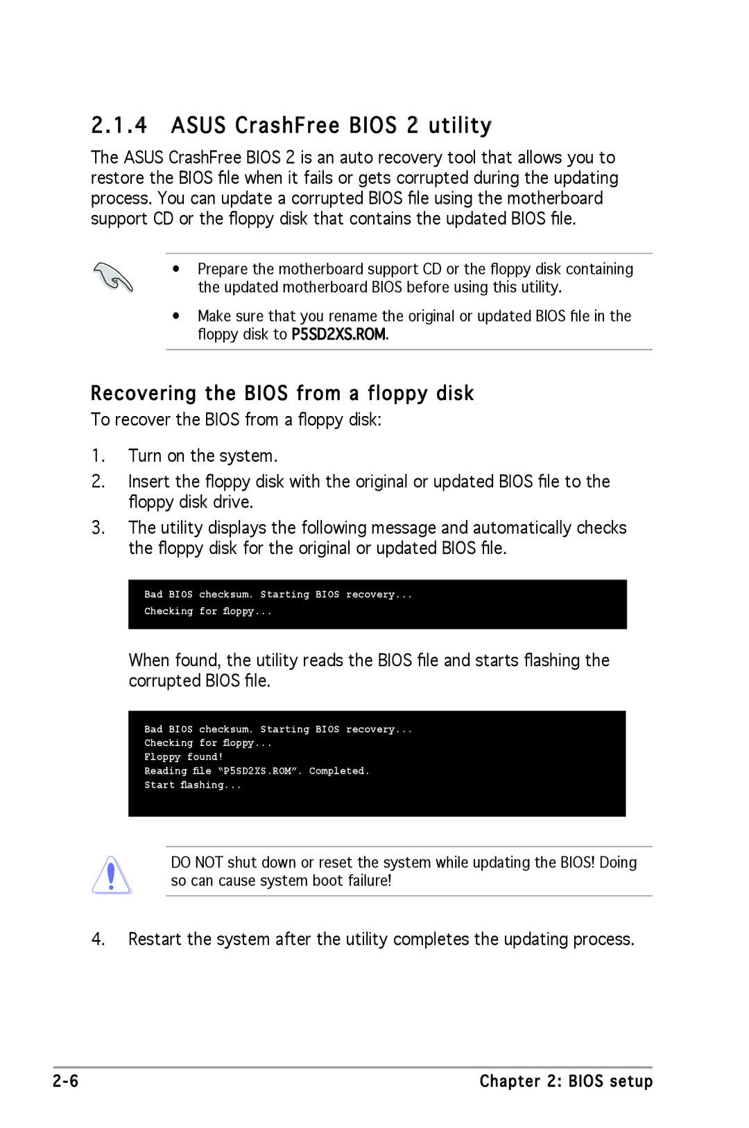 Asus P5SD2-X SE manual Asus CrashFree Bios 2 utility, Recovering the Bios from a floppy disk 