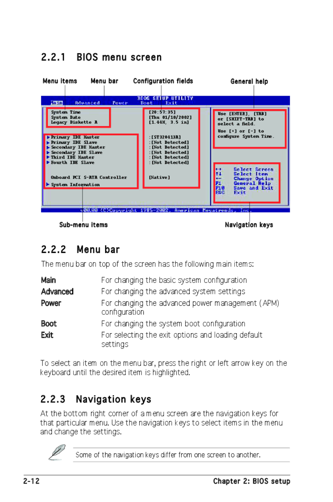 Asus P5SD2-X SE manual Bios menu screen, Menu bar, Navigation keys, Conﬁguration 