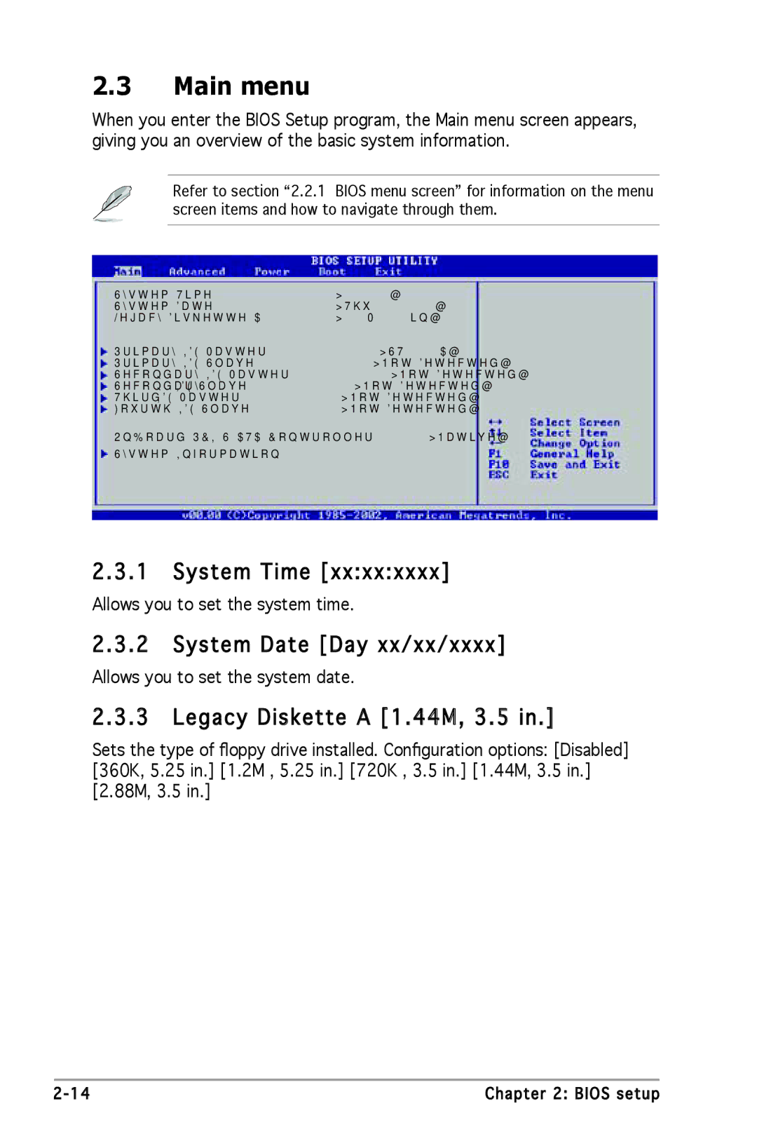 Asus P5SD2-X SE manual Main menu, System Time, System Date Day xx/xx/xxxx, Legacy Diskette a 1 .44M, 3.5 