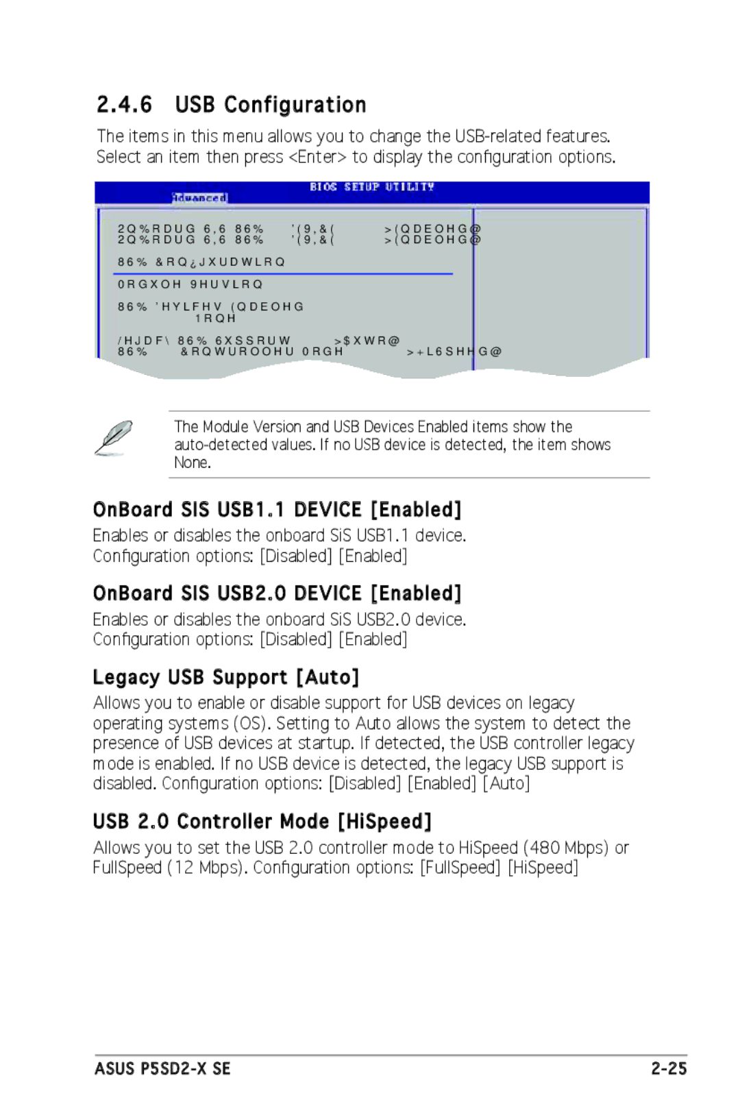 Asus P5SD2-X SE manual USB Configuration, OnBoard SIS USB1.1 Device Enabled, OnBoard SIS USB2.0 Device Enabled 