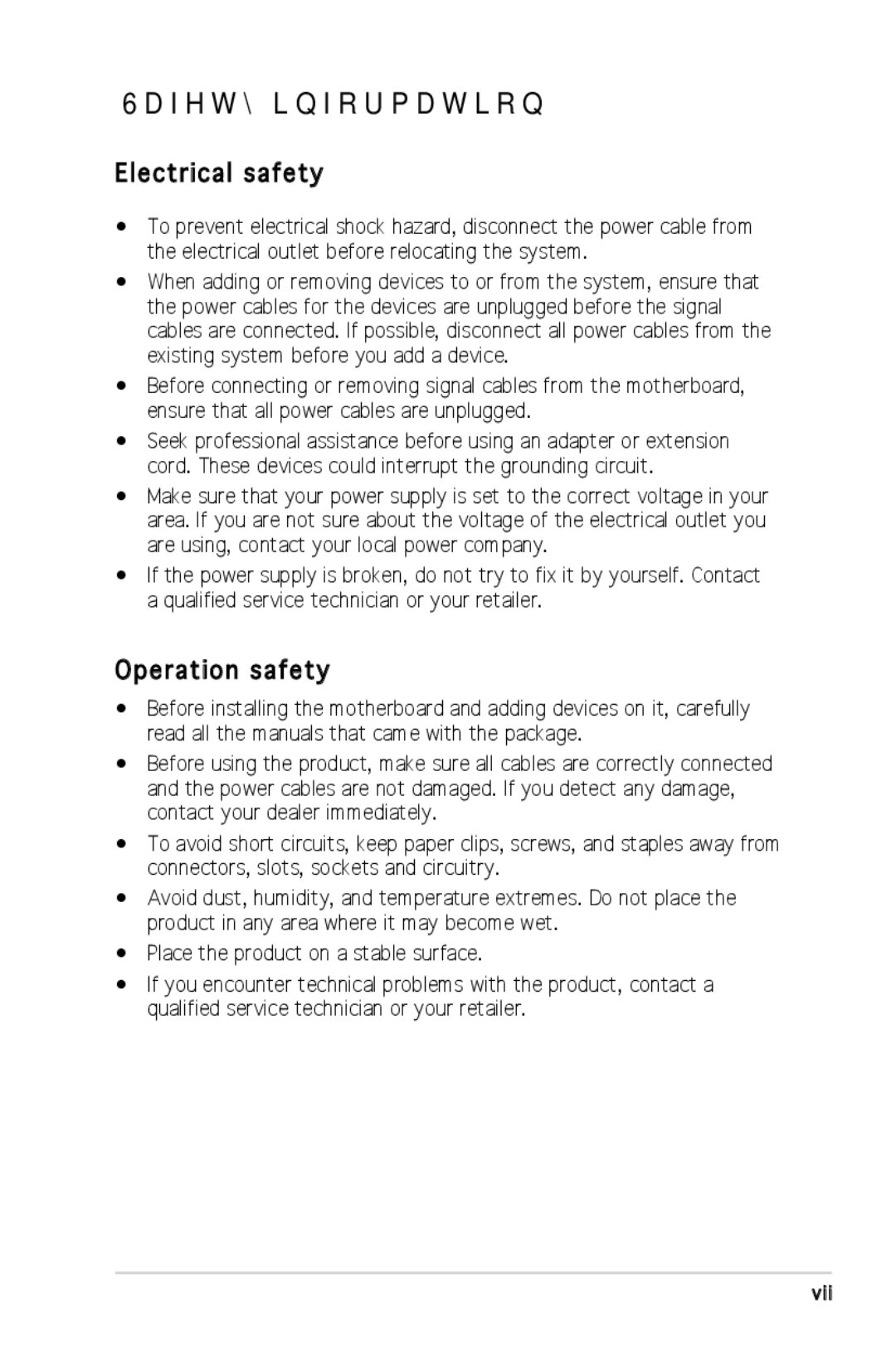 Asus P5SD2-X SE manual Safety information, Electrical safety, Operation safety 