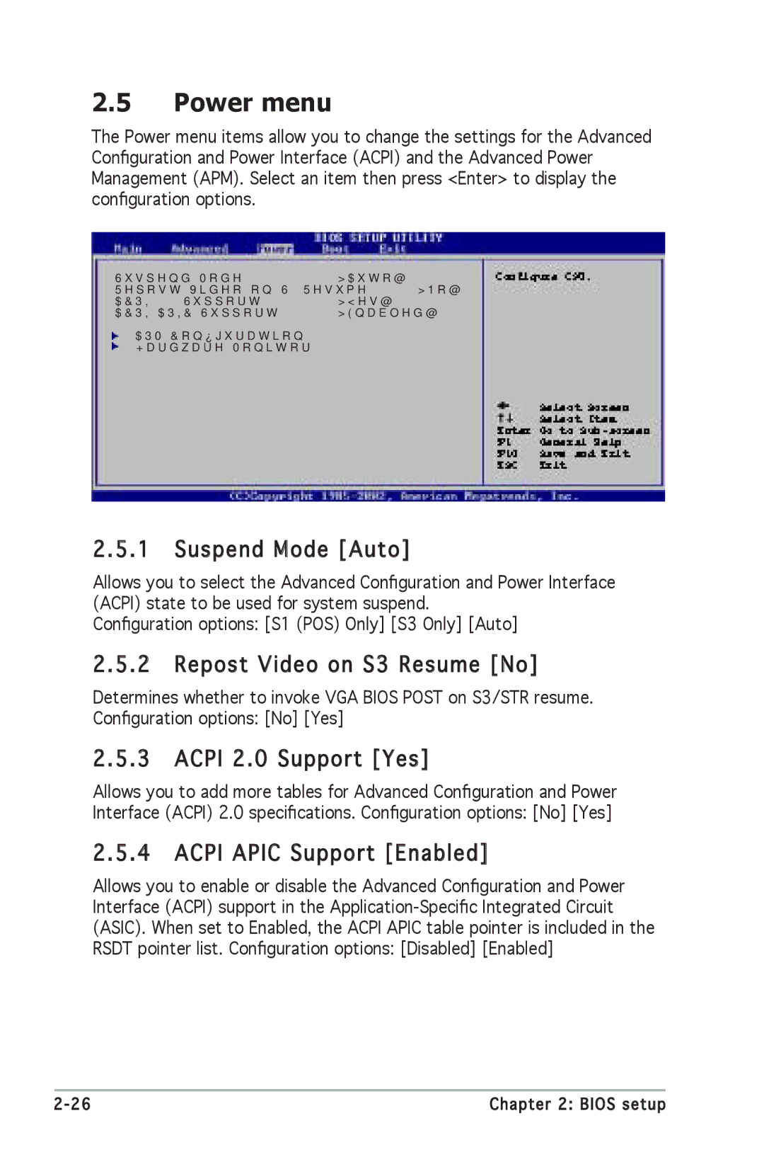 Asus P5SD2-X SE manual Power menu, Suspend Mode Auto, Repost Video on S3 Resume No, Acpi 2.0 Support Yes 