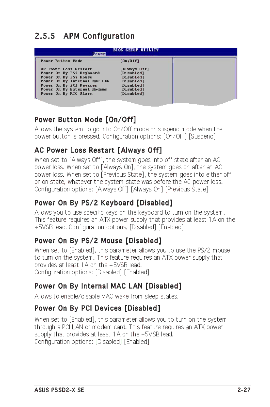 Asus P5SD2-X SE manual APM Configuration 