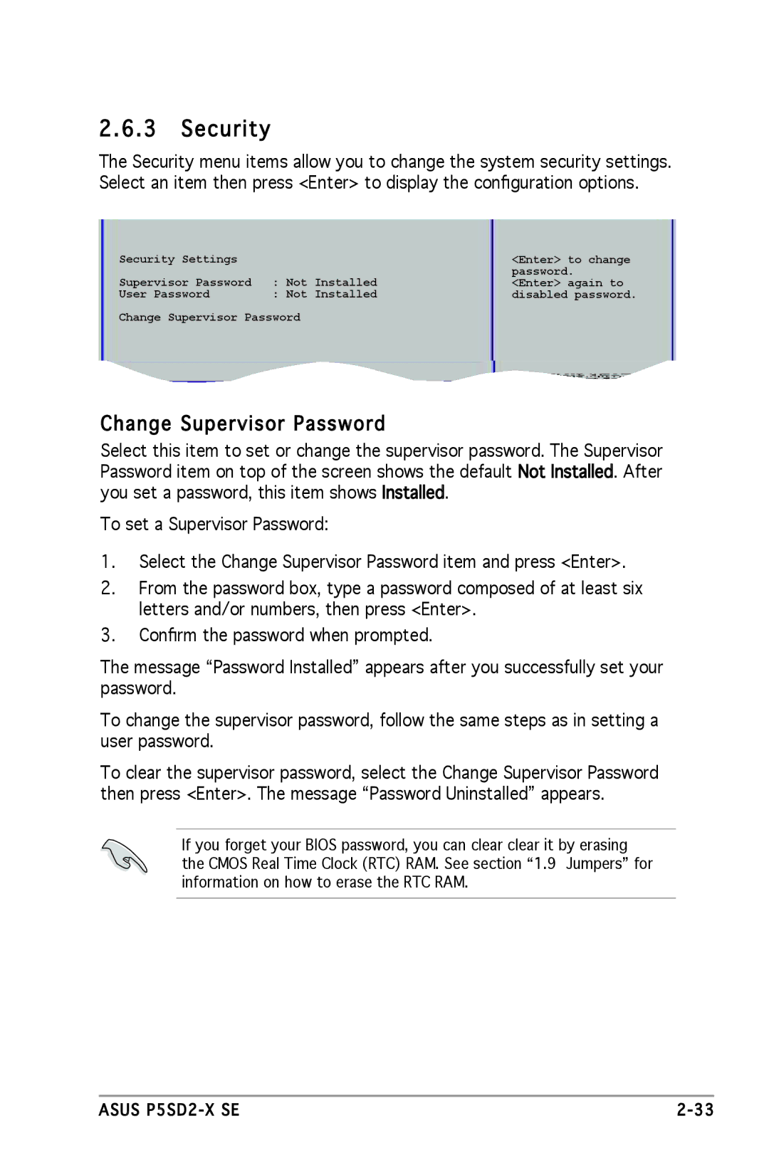 Asus P5SD2-X SE manual Security, Change Supervisor Password 