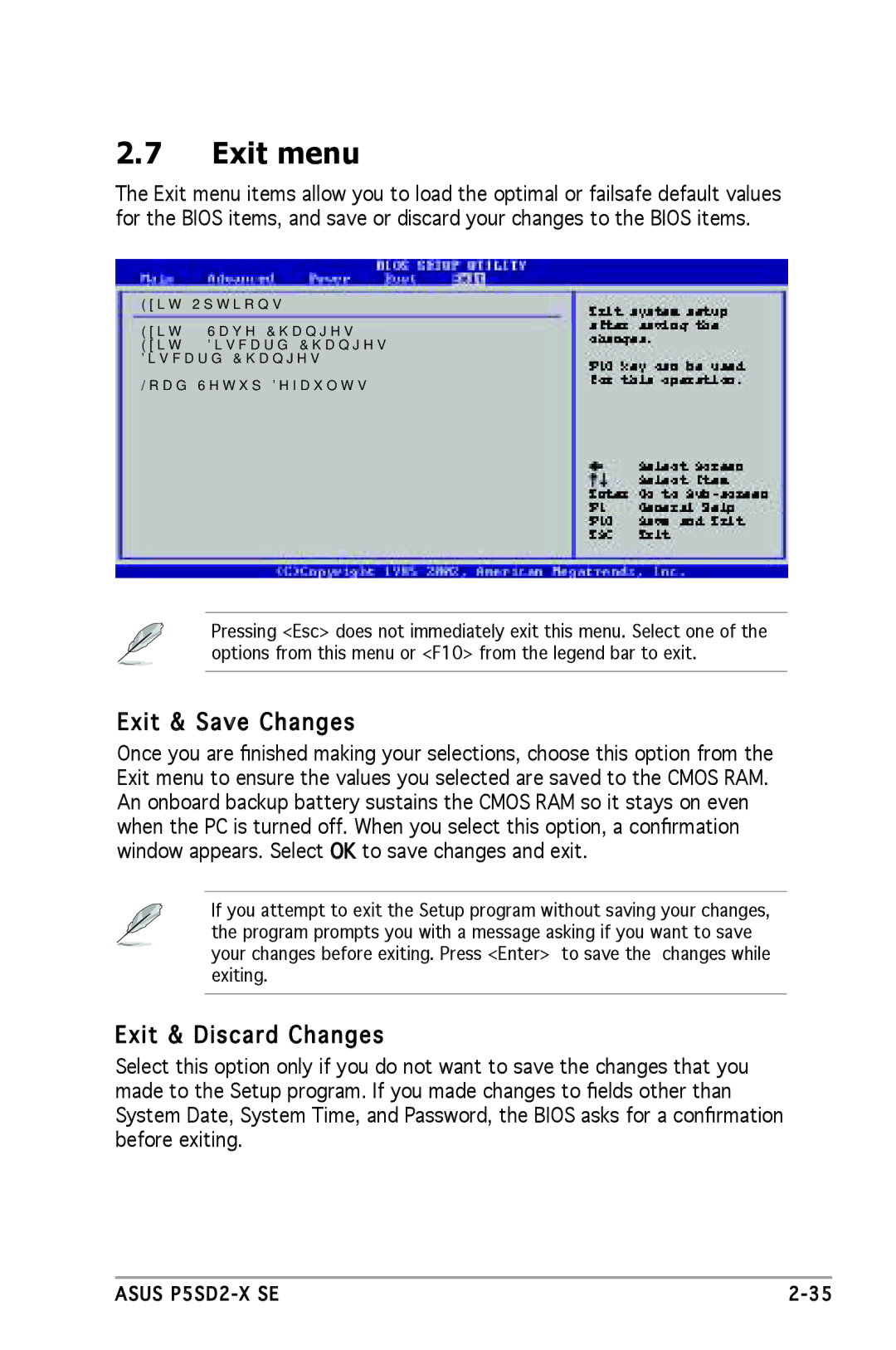 Asus P5SD2-X SE manual Exit menu, Exit & Save Changes, Exit & Discard Changes 