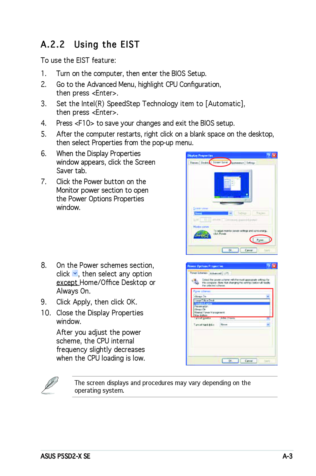 Asus P5SD2-X SE manual Using the Eist 