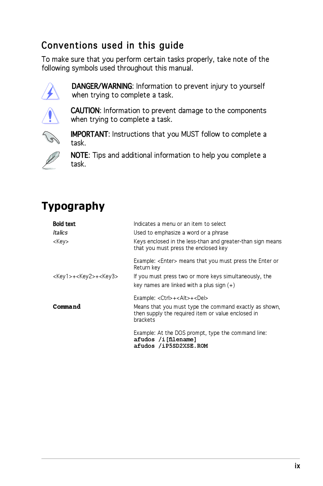 Asus P5SD2-X SE manual Typography, Conventions used in this guide 