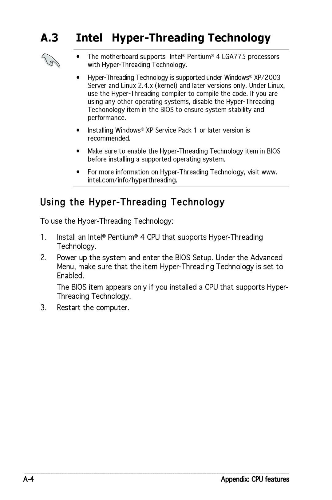Asus P5SD2-X SE manual Intel Hyper-Threading Technology, Using the Hyper -Threading Technology 