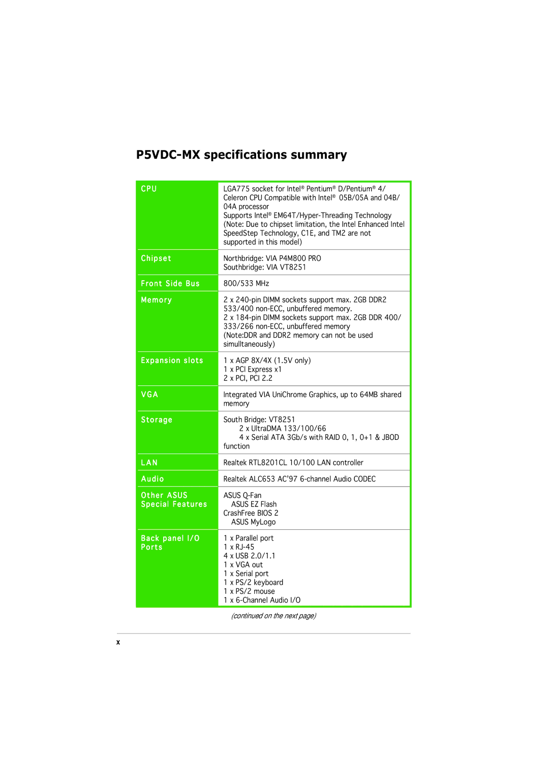 Asus manual P5VDC-MX specifications summary 