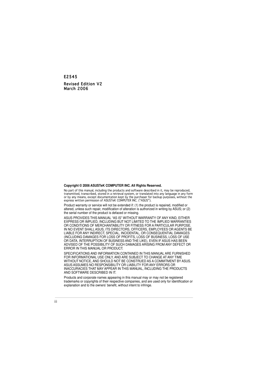 Asus P5VDC-MX manual E2545 Revised Edition March, Copyright 2006 ASUSTeK Computer INC. All Rights Reserved 