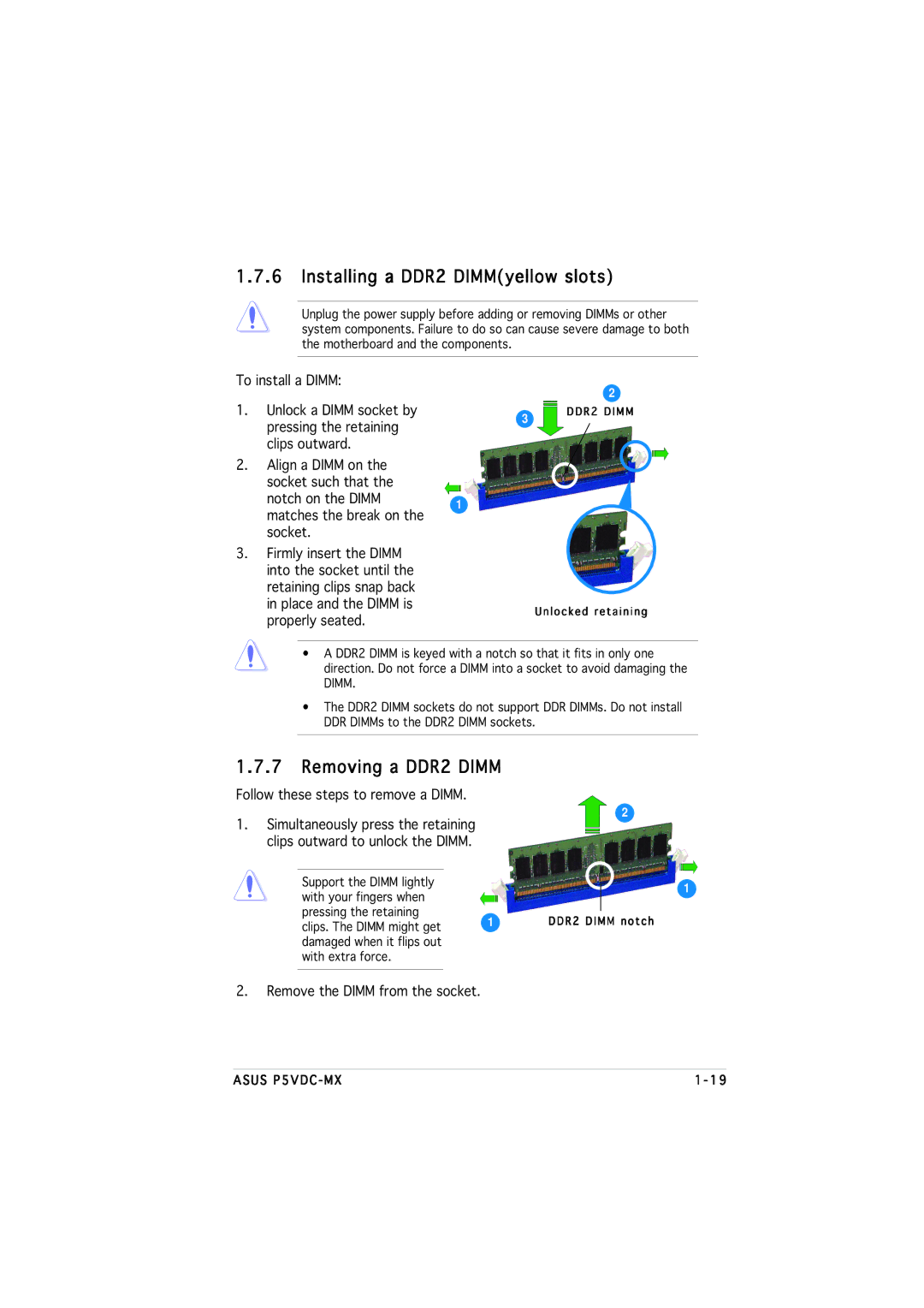 Asus P5VDC-MX manual Installing a DDR2 DIMMyellow slots, Removing a DDR2 Dimm 