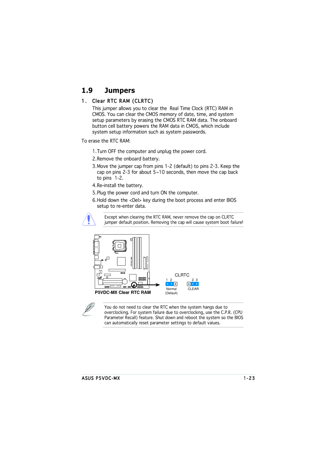 Asus P5VDC-MX manual Jumpers, Clear RTC RAM Clrtc 