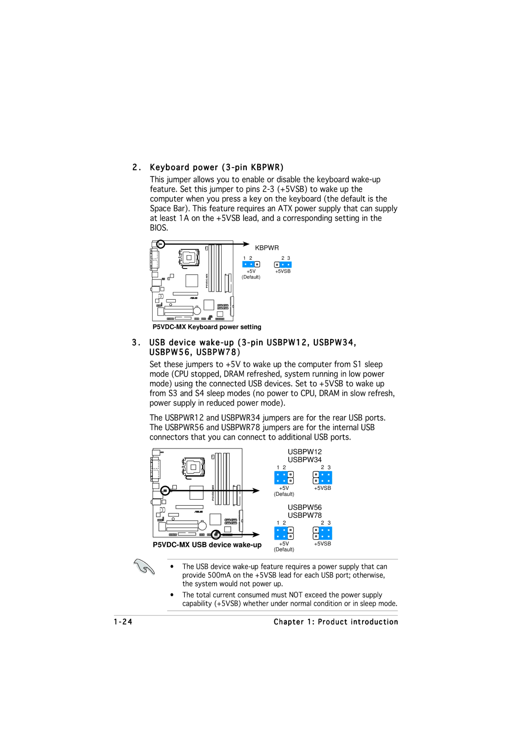 Asus P5VDC-MX manual Keyboard power 3-pin Kbpwr, USB device wake-up 3-pin USBPW12, USBPW34, USBPW56, USBPW78 