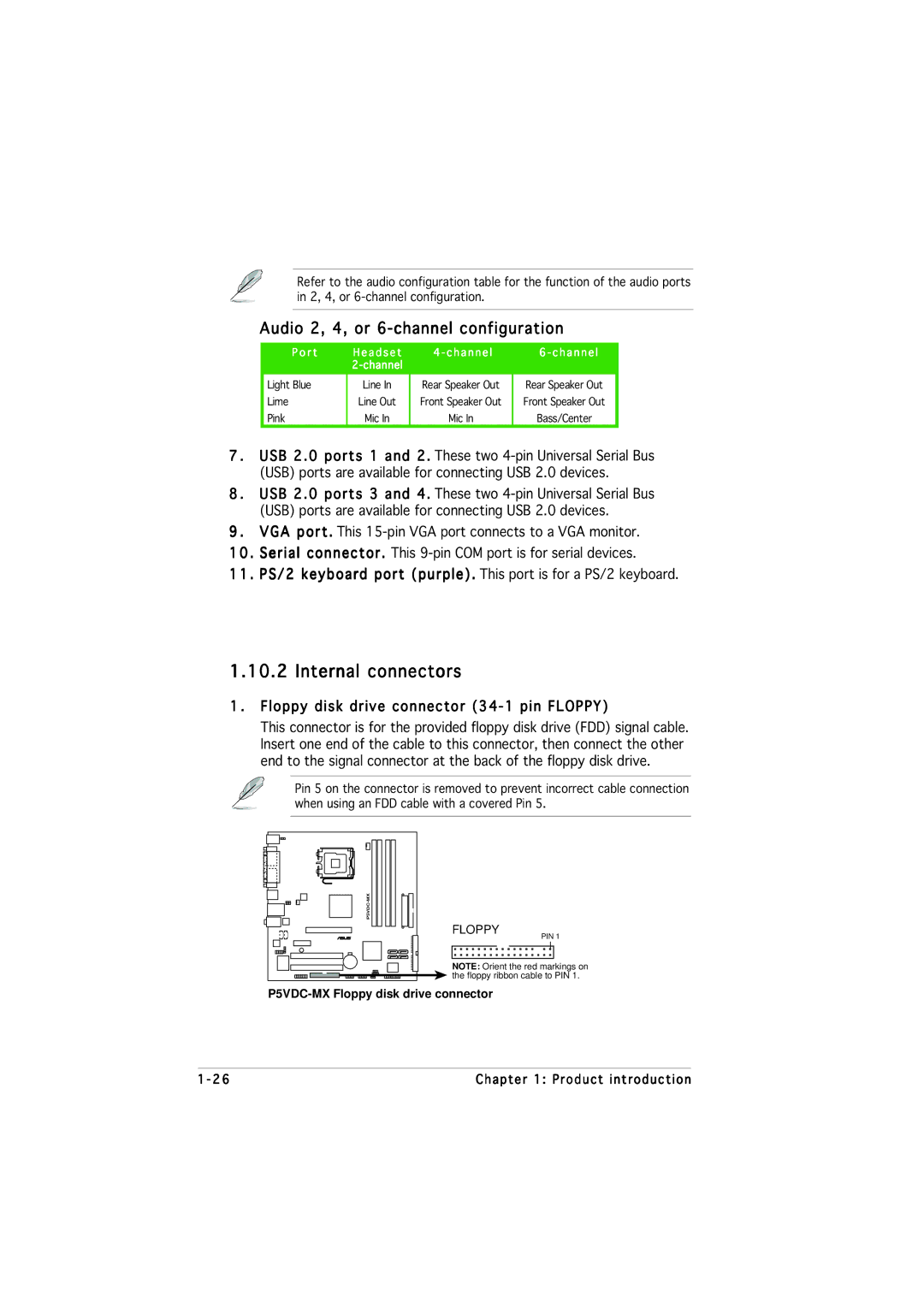 Asus P5VDC-MX Internal connectors, Audio 2, 4, or 6-channel configuration, Floppy disk drive connector 34-1 pin Floppy 