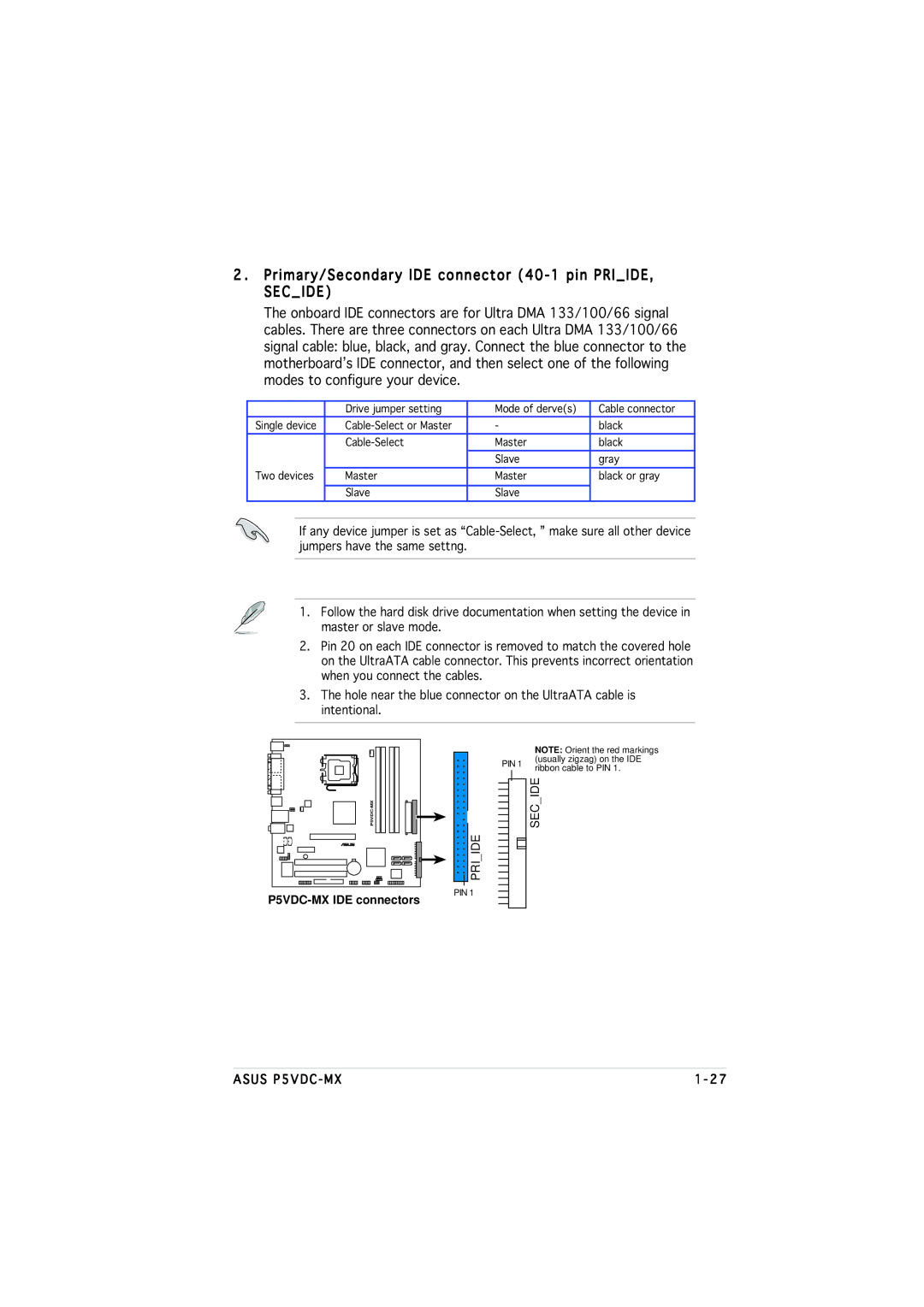 Asus P5VDC-MX manual Primary/Secondary IDE connector 40-1 pin PRIIDE, Secide 