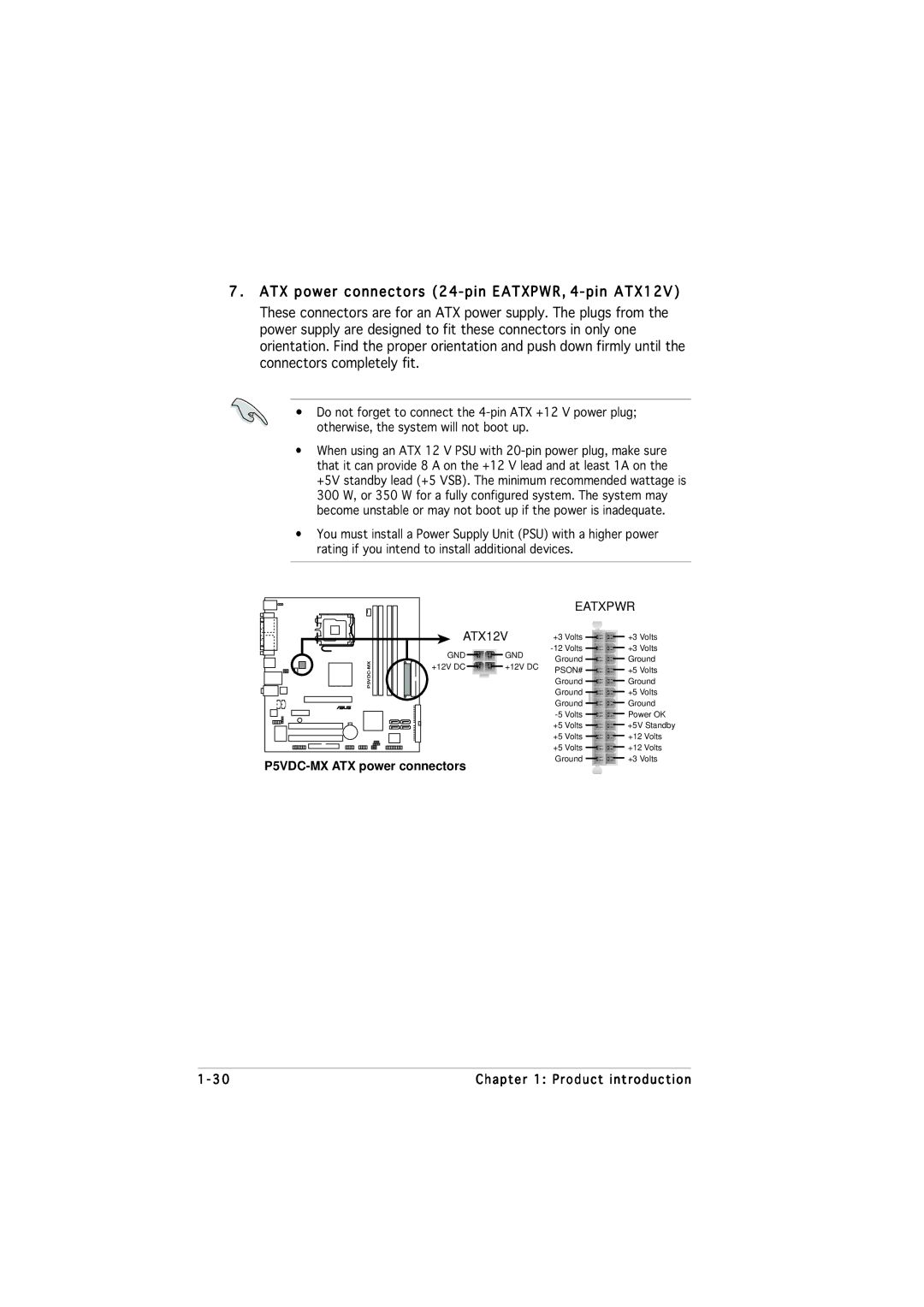 Asus P5VDC-MX manual ATX power connectors 24-pin EATXPWR, 4-pin ATX12V, Eatxpwr 