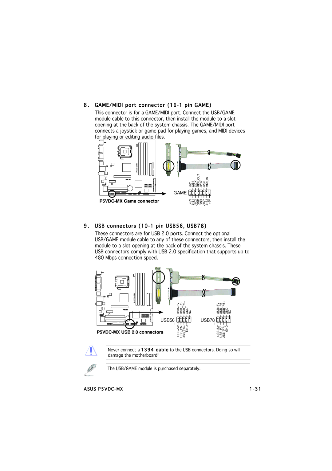 Asus P5VDC-MX manual GAME/MIDI port connector 16-1 pin Game, USB connectors 10-1 pin USB56, USB78 