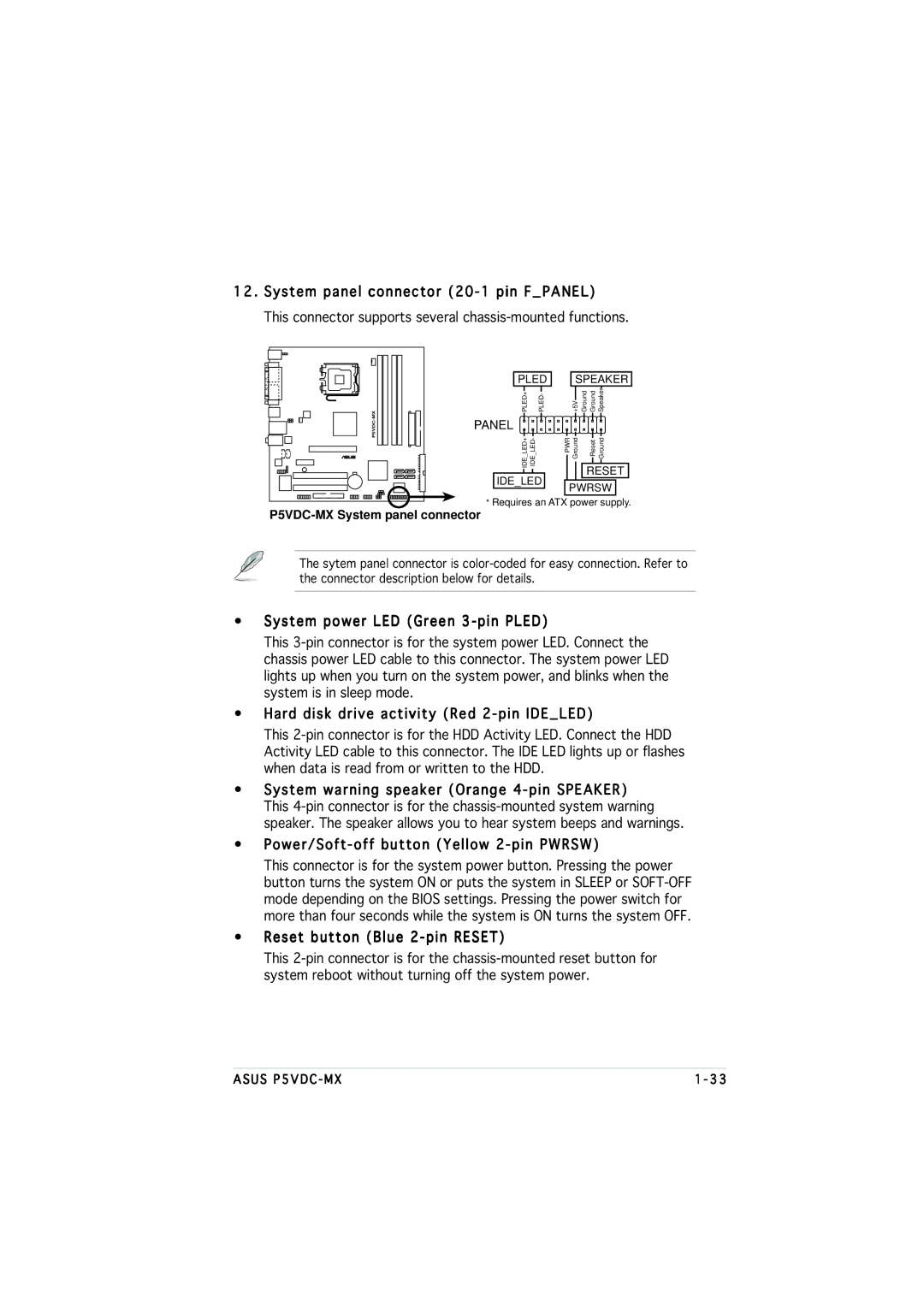 Asus P5VDC-MX System panel connector 20-1 pin Fpanel, System power LED Green 3-pin Pled, Reset button Blue 2-pin Reset 