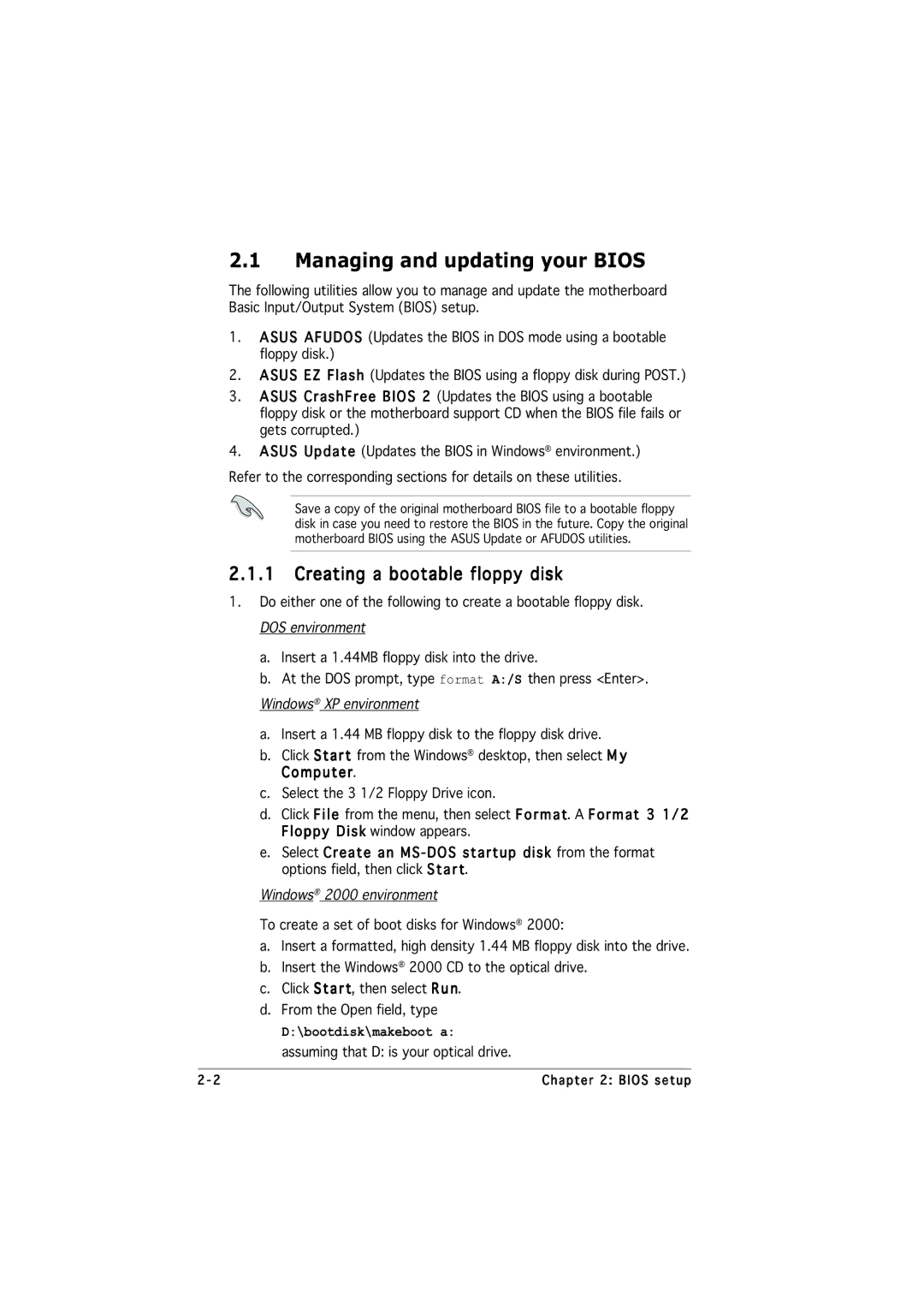 Asus P5VDC-MX manual Managing and updating your Bios, Creating a bootable floppy disk 