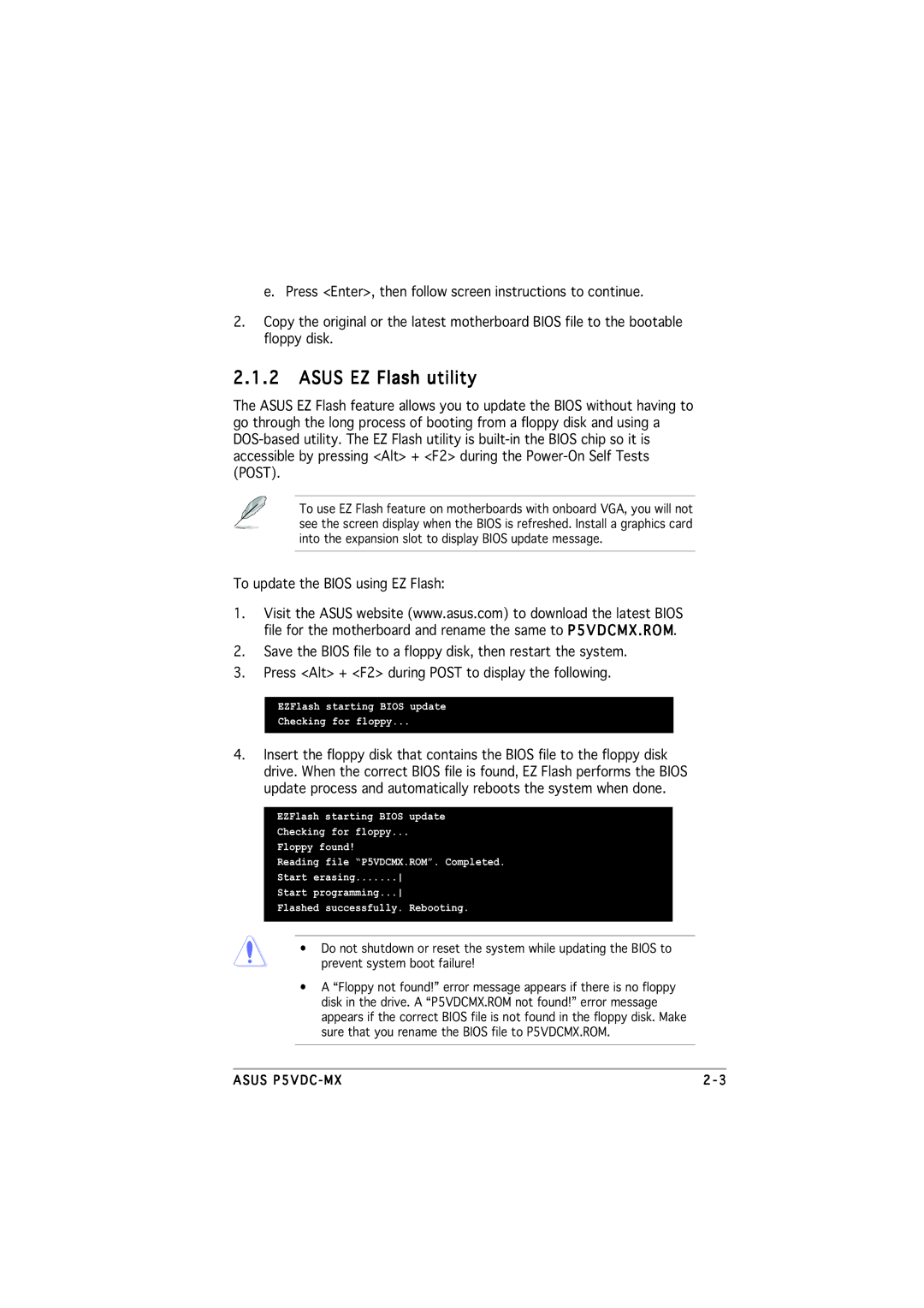 Asus P5VDC-MX manual Asus EZ Flash utility 