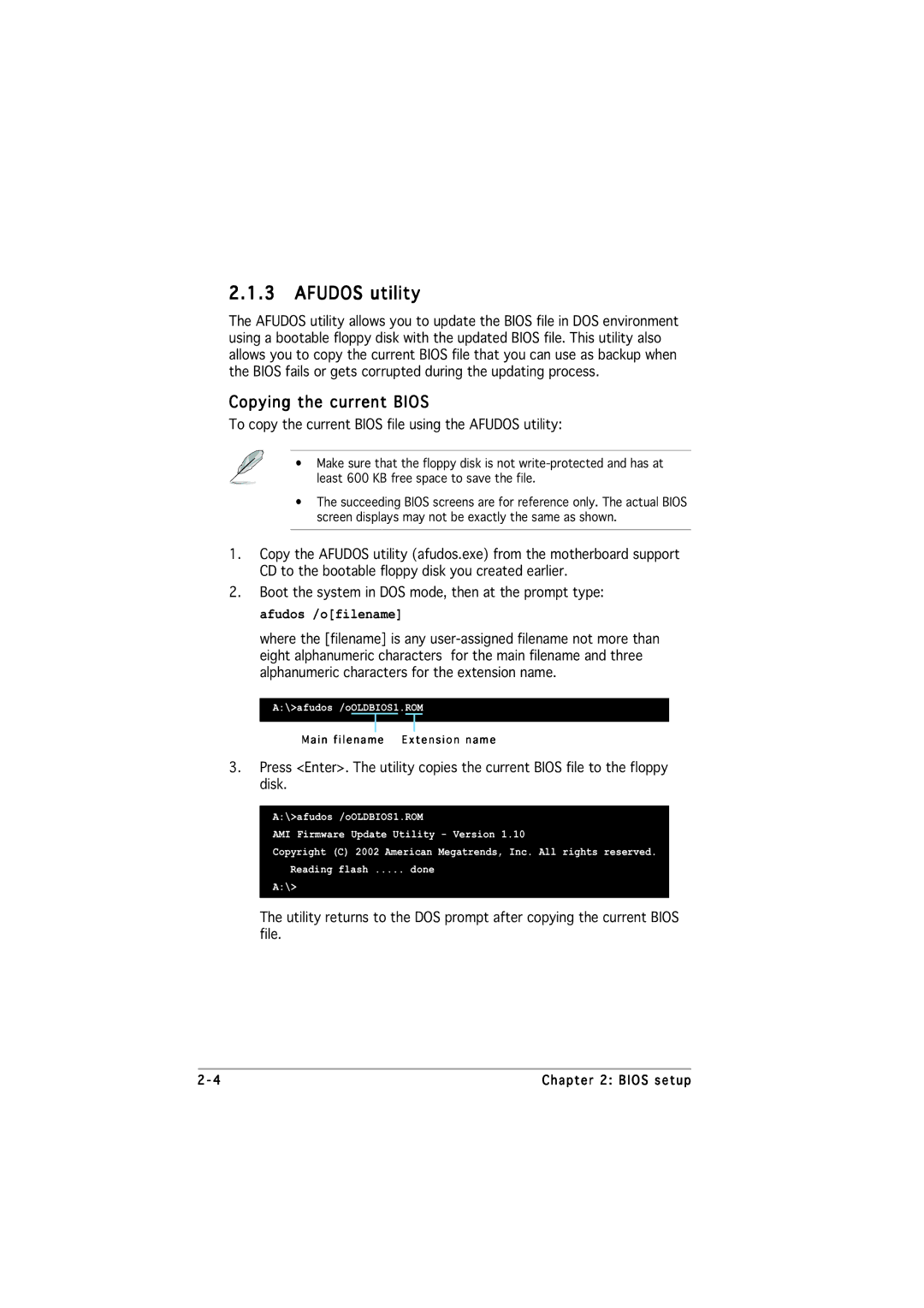 Asus P5VDC-MX manual Afudos utility, Copying the current Bios 