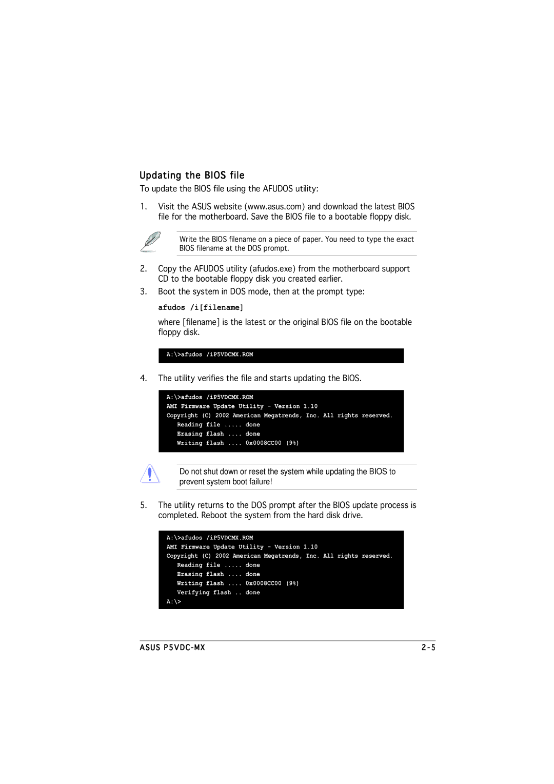 Asus P5VDC-MX manual Updating the Bios file, To update the Bios file using the Afudos utility 