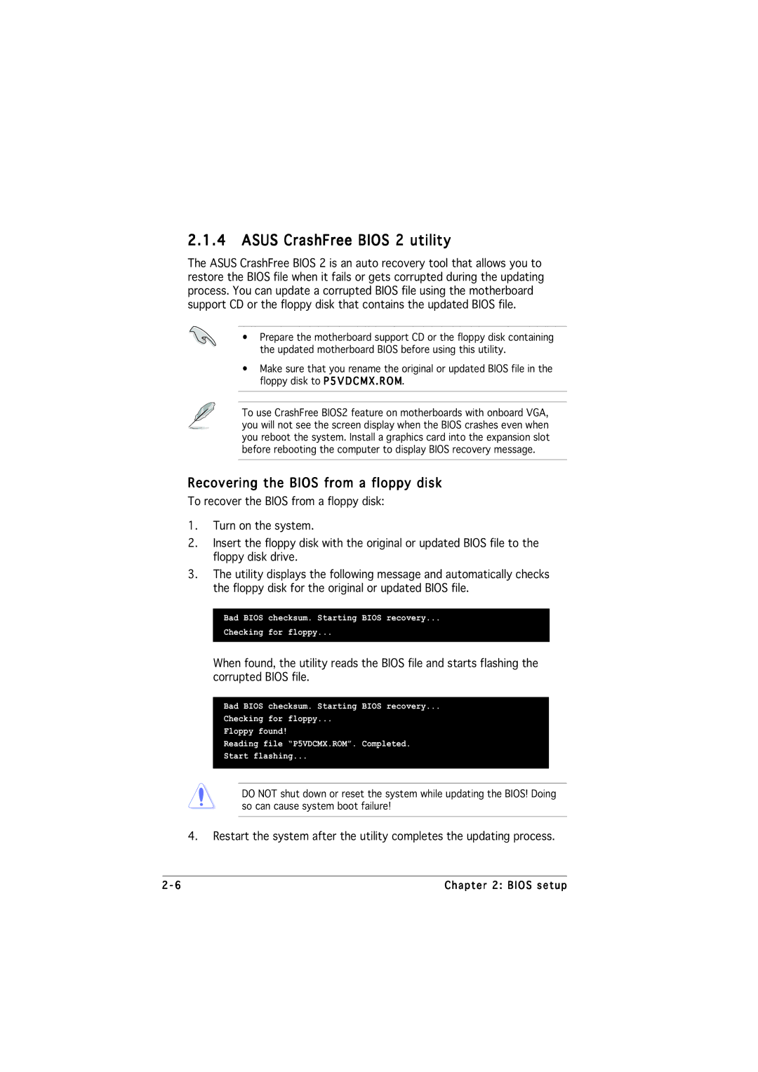 Asus P5VDC-MX manual Asus CrashFree Bios 2 utility, Recovering the Bios from a floppy disk 