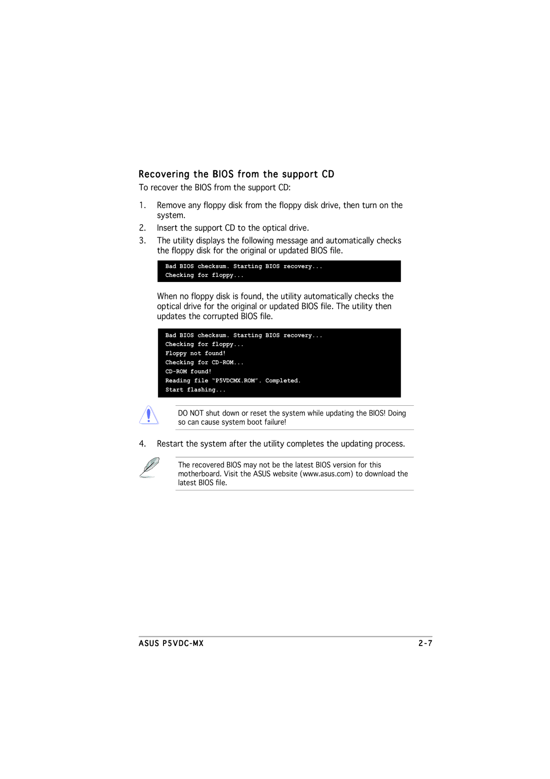 Asus P5VDC-MX manual Recovering the Bios from the support CD 